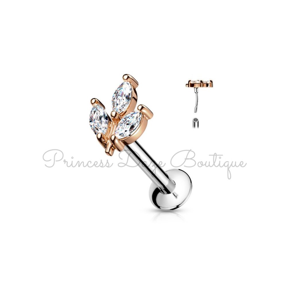 Rose Gold 3 Marquise‎ CZ Prong Labret, Monroe, Cartilage, Tragus Earring
